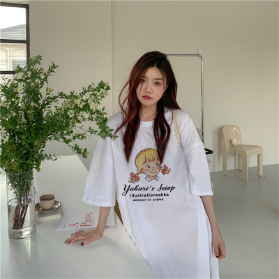 6535棉夏季新款韩版宽松字母印花学生开叉短袖中长款连衣裙女INS_921