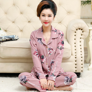 中老年睡衣女士新款长袖开衫翻领女款秋冬季两件套棉质家居服套装