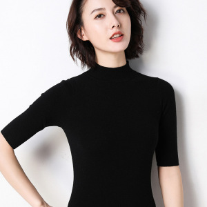 白色T恤女春装新款韩版半袖纯色修身中袖上衣内搭5分袖针织衫