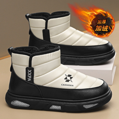 新款男鞋冬季保暖雪地靴高帮皮面厚底套脚户外棉鞋加绒日常