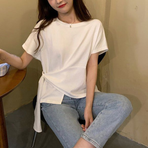 设计感纯色圆领短袖T恤女装夏季新款韩版宽松不规则洋气上衣ins潮