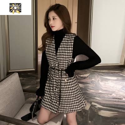 暖青汇大码女装春秋微胖妹妹MM连衣裙减龄洋气心机马甲遮肚显瘦两件套装套装