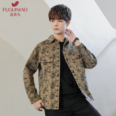 富贵鸟（FUGUINIAO）长袖衬衫男2020春秋季新款韩版潮发型师青年长袖寸衫印花男精神小伙修身个性衬衣