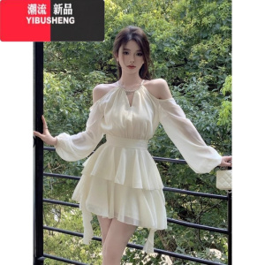 YIBUSHENG春秋大码胖mm法式长袖连衣裙仙女收腰甜美雪纺短裙荷叶边蛋糕裙子