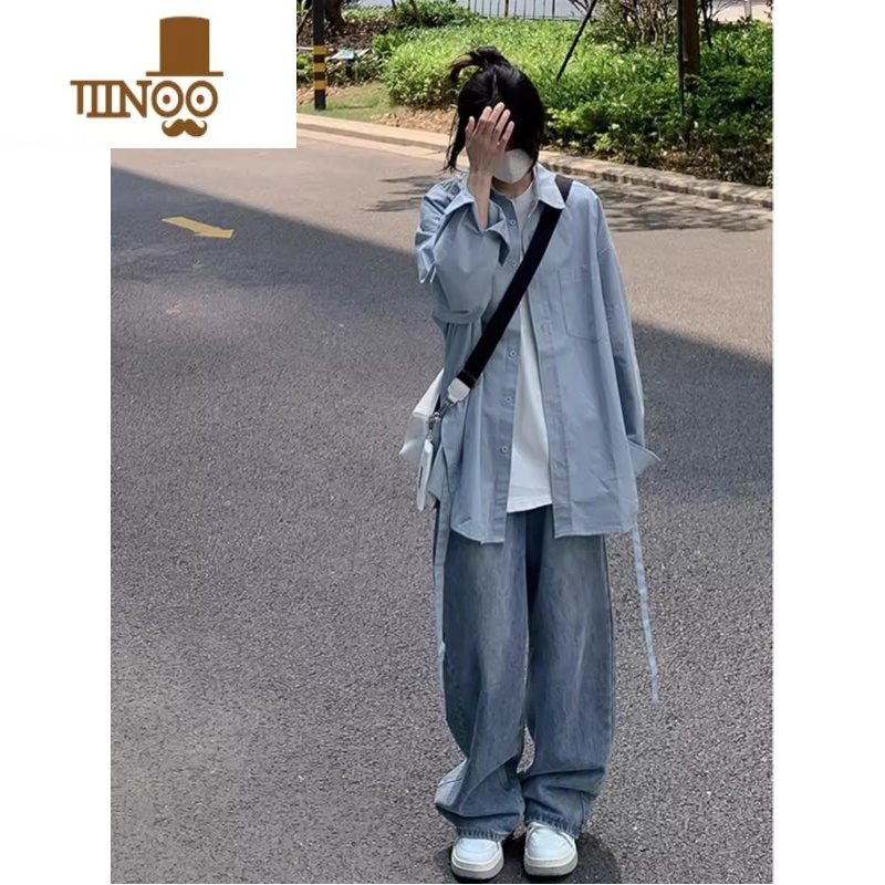 YANXU浅蓝色美式宽松牛仔裤男款夏季百搭青少年直筒裤子高街vibe阔腿裤
