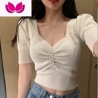 七斓泡泡袖短袖t恤女夏季2023新款短款冰丝性感上衣服高腰搭配阔腿裤