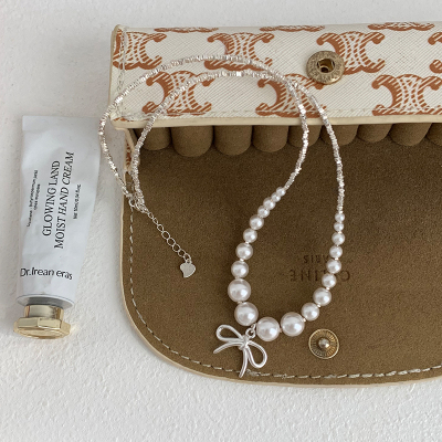 s925纯银施家珍珠蝴蝶结项链女款高级感轻奢碎银子毛衣链配饰送女朋友老婆情人节七夕生日礼物