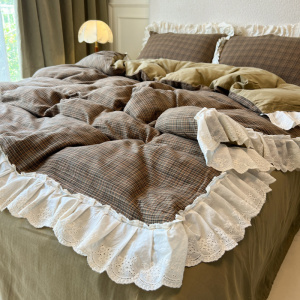 A类母婴级双层纱床上四件套复古风蕾丝花边床单被套宿舍款三件套4