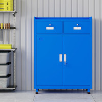 域赢工具柜重型车间二斗双开门式五金柜铁皮储物柜多功能器材柜矮柜蓝色加厚款