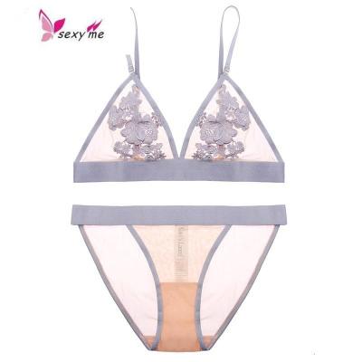 夏超薄款无钢圈无海绵文胸套装欧美风三角杯刺绣细肩带法式内衣女文胸套装FISHBASKET