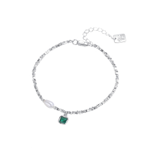 925纯银碎银几两复古绿方块吊坠淡水珍珠手链女手饰夏潮送女朋友老婆情人节七夕生日礼物 手链一条