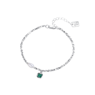 925纯银碎银几两复古绿方块吊坠淡水珍珠手链女手饰夏潮送女朋友老婆情人节七夕生日礼物