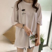 夏季新款刺绣短袖T恤女网红同款衣服女韩版百搭中长款上衣女