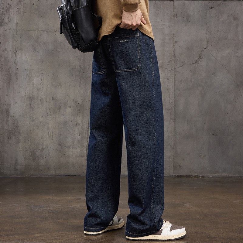 春秋复古原牛男裤 男士深靛蓝明线 工厂直供宽松阔腿牛仔长裤男生