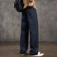 春秋复古原牛男裤 男士深靛蓝明线 工厂直供宽松阔腿牛仔长裤男生