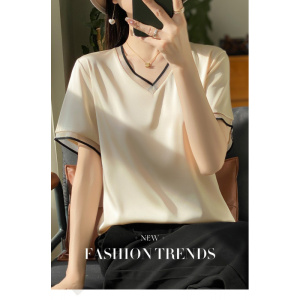 2025夏季女新短款宽松v字领拼色网纱短袖T恤缎面薄款半袖女士上衣