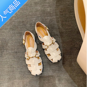 SUNTEK马衔扣包头凉鞋女2023年新款夏季法式编织镂空低跟平底罗马猪笼鞋