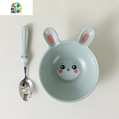 创意卡通陶瓷餐具可爱学生零食碗水果碗宝宝辅食碗吃饭碗带勺微波 FENGHOU 儿童小碗+同款勺橘狐狸cp5018