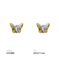 925纯银银针蓝色滴油蝴蝶耳钉女耳环耳饰个性时尚气质新款送女朋友老婆情人节七夕生日礼物