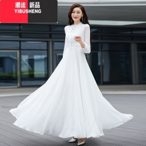 YIBUSHENG2024新款飘逸修身大摆长袖雪纺连衣裙显瘦减龄仙沙滩旅游长款