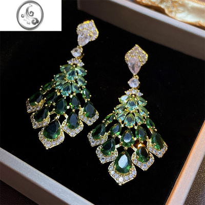 JiMi银针绿锆石羽毛耳坠几何菱形设计感耳环新娘婚纱礼服配饰宴会饰品