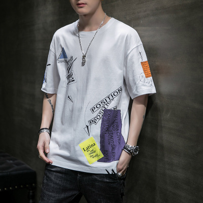休闲男装短袖夏季T恤男圆领宽松印花纯棉打底衫T恤男士潮
