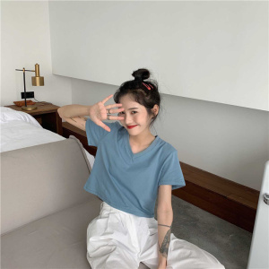 夏季短袖T恤女韩版学生慵懒风宽松纯色个性港味短款糖果色上衣女