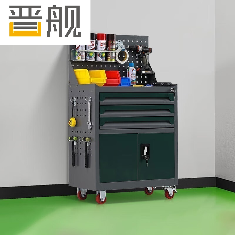 晋舰工具车移动维修收纳柜工具架多功能工具箱五金工具柜灰绿三抽带网