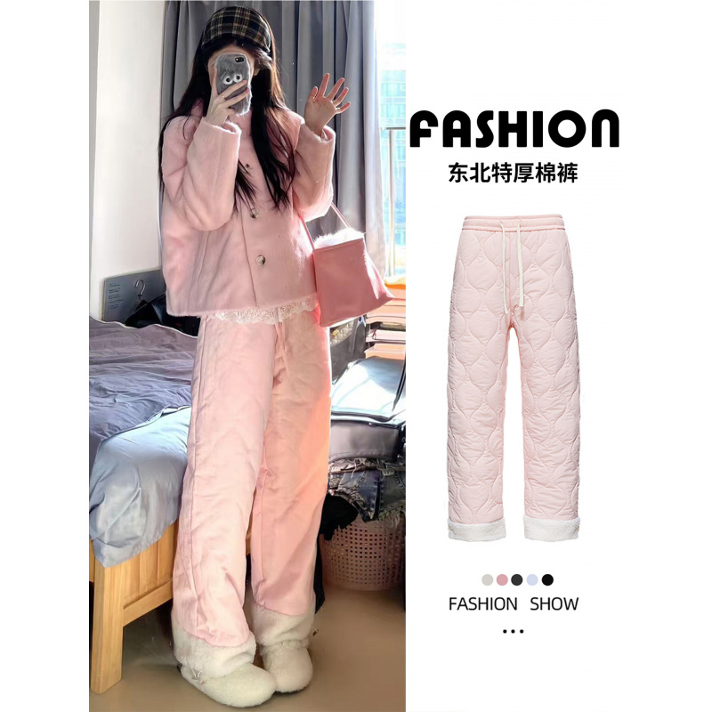 粉色特厚保暖裤女冬季加厚羊毛棉裤外穿东北零下防风加绒阔腿裤子