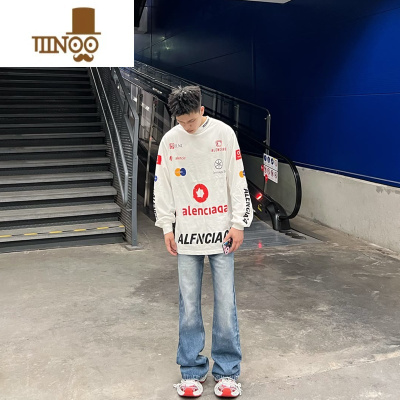 YANXU秋季卫衣美式高街男感长袖T恤超火ins多标印花时尚痞帅情侣装