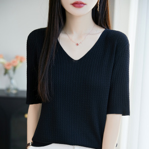 冰丝针织短袖女夏季新款V 领半袖薄款打底衫上衣显瘦百搭纯色内搭