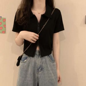 短款T恤翻领Polo衫双拉链开衫修身高腰露脐短袖设计感上衣夏季潮