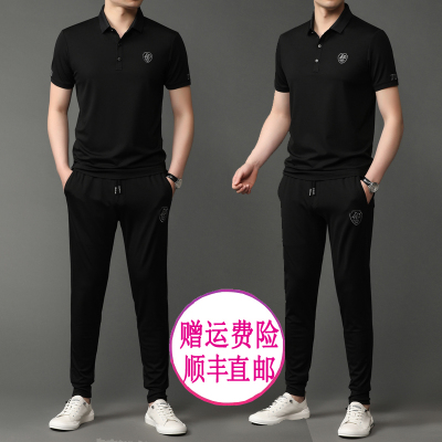 LIDENGAMANI/利登阿玛尼男装短袖T恤休闲运动套装2021夏季薄款中青年男士圆领短袖上衣松紧休闲运动套装长裤