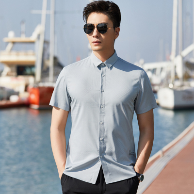 才子男装短袖衬衫2021夏季青年男士商务修身个性刺绣休闲衬衣