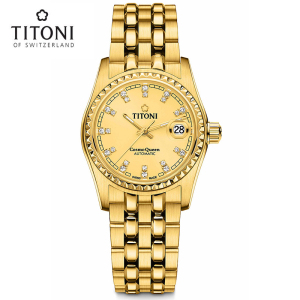 Titoni瑞士梅花手表女表宇宙系列夜光自动机械表凸镜日历金表729G-306 729G-306