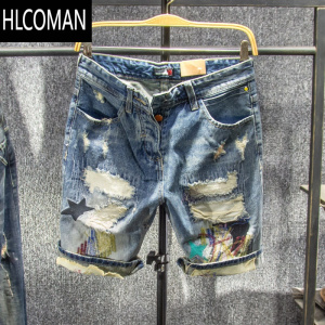 HLCOMAN破洞刺绣牛仔短裤男潮牌百搭涂鸦五分裤男潮流痞帅修身弹力中裤子