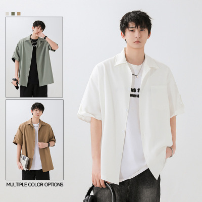 男装日系宽松痞帅冰丝垂感纯色衬衫外套时尚百搭休闲外穿宽松上衣