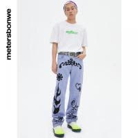 [1件3折价:178.5]美特斯邦威印花直筒牛仔裤男春季新款复古撞色休闲裤子