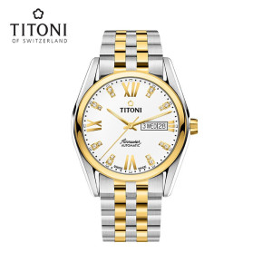 Titoni瑞士梅花表男表自动机械手表空中霸王系列罗马表钢带93709SY-385 93709SY-385