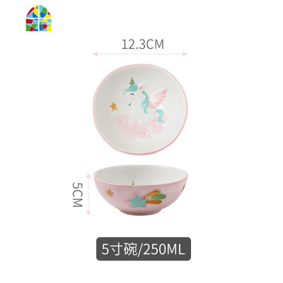 网红家用餐具套装碗盘可爱儿童陶瓷饭碗创意泡面碗菜盘子可微波炉 FENGHOU 粉色独角兽11.5双耳长方盘