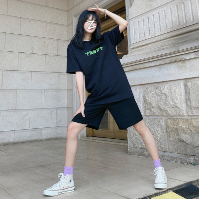 直营特卖-黑色运动休闲五分裤子女2021夏新款宽松阔腿高腰直筒薄款短裤潮中佐丹曼