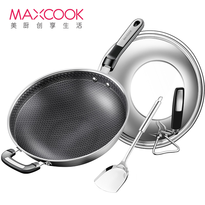 美厨(maxcook)不粘炒锅 全面屏不粘锅34cm304不锈钢可用铁铲少油烟带