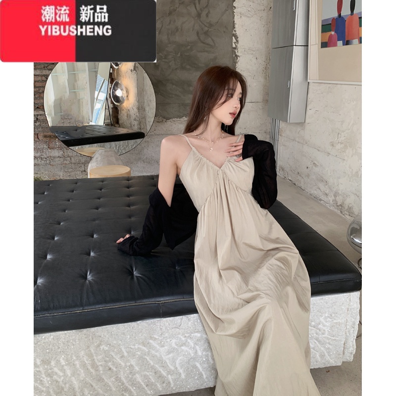 YIBUSHENG大码纯欲性感黑色吊带连衣裙女季新款气质裙子胖mm遮肚显瘦长裙