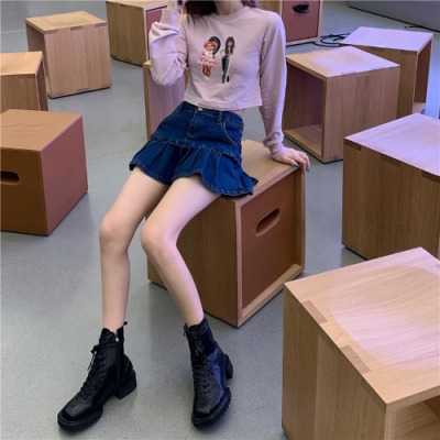 YIBUSHENG牛仔半身裙女2021年夏季新款韩版高腰显瘦百褶裙百搭短款a字裙子