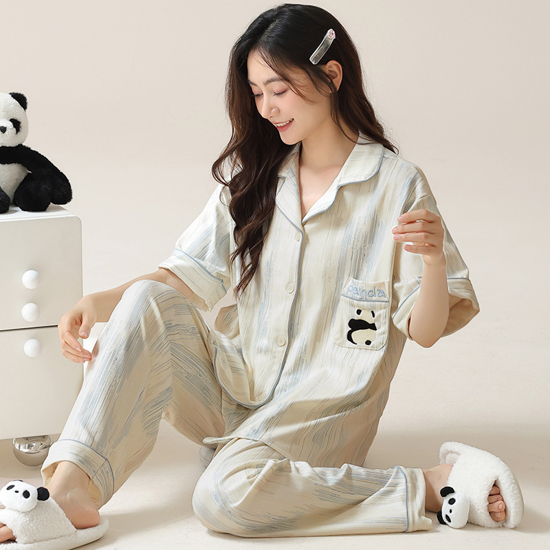 睡衣女士夏季棉质短袖长裤薄款月子服2026年新款大码甜美开衫套装_1