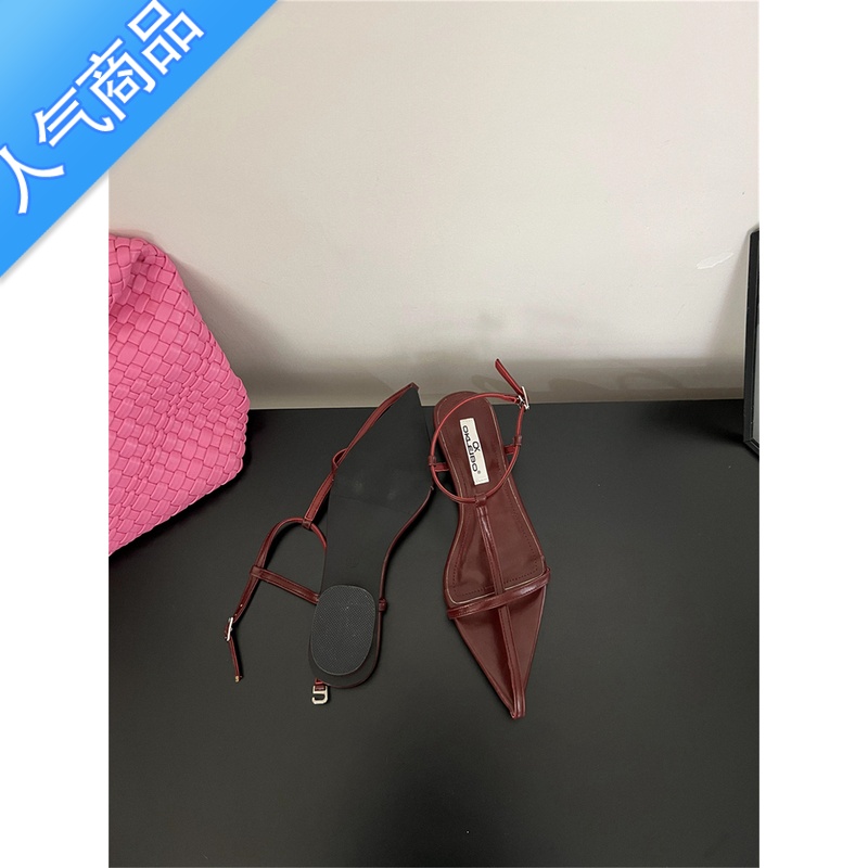 SUNTEK尖头一字扣带平底沙滩凉鞋女2023韩国极简约十字细带露趾性感女鞋