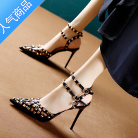 SUNTEK网红镂空香槟色尖头高跟鞋女2023春夏新款性感铆钉双扣带细跟凉鞋