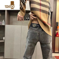 YANXU夏季新款刺绣印花美人头牛仔裤男潮男穿搭修身小脚裤百搭九分裤子