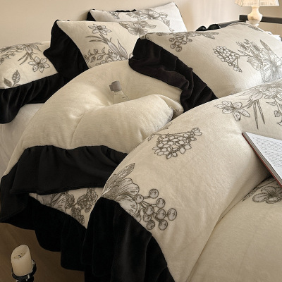 法式赫本风牛奶绒四件套a类花边珊瑚绒床单被套冬季加厚床上用品