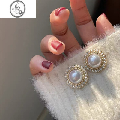 JiMiS925银针金属圆圈纽扣珍珠耳钉简约百搭港风气质新款高级感耳夹环